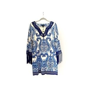 Vintage-Inspired Blue & White Fringe Tunic Dress Size XS Beach Resort Vacation